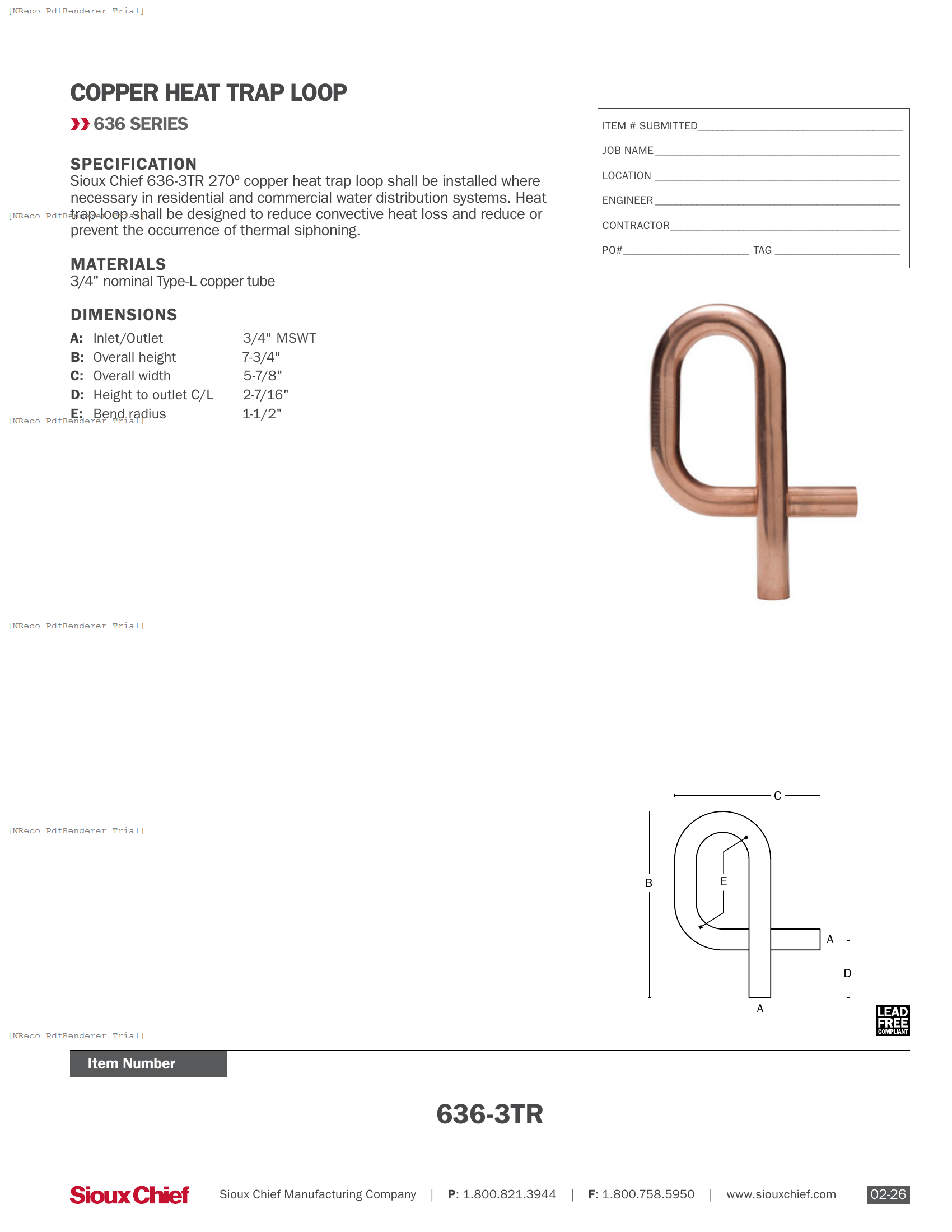 636-3TR - HEAT TRAP LOOP - SPEC SHEET.PDF Specification Document